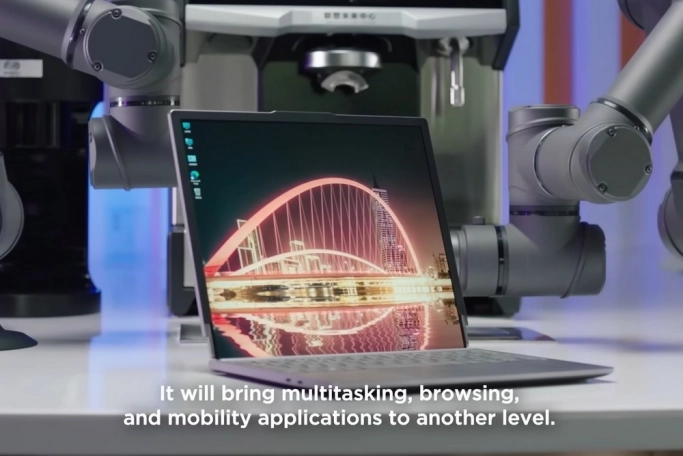 Показан ноутбук Lenovo с выдвигающимся экраном